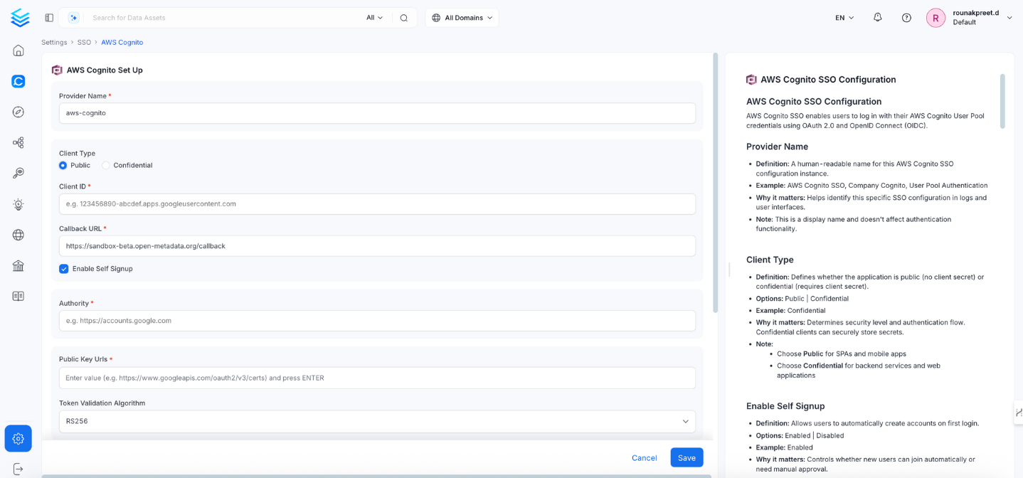 AWS Cognito SSO Configuration - Public Client