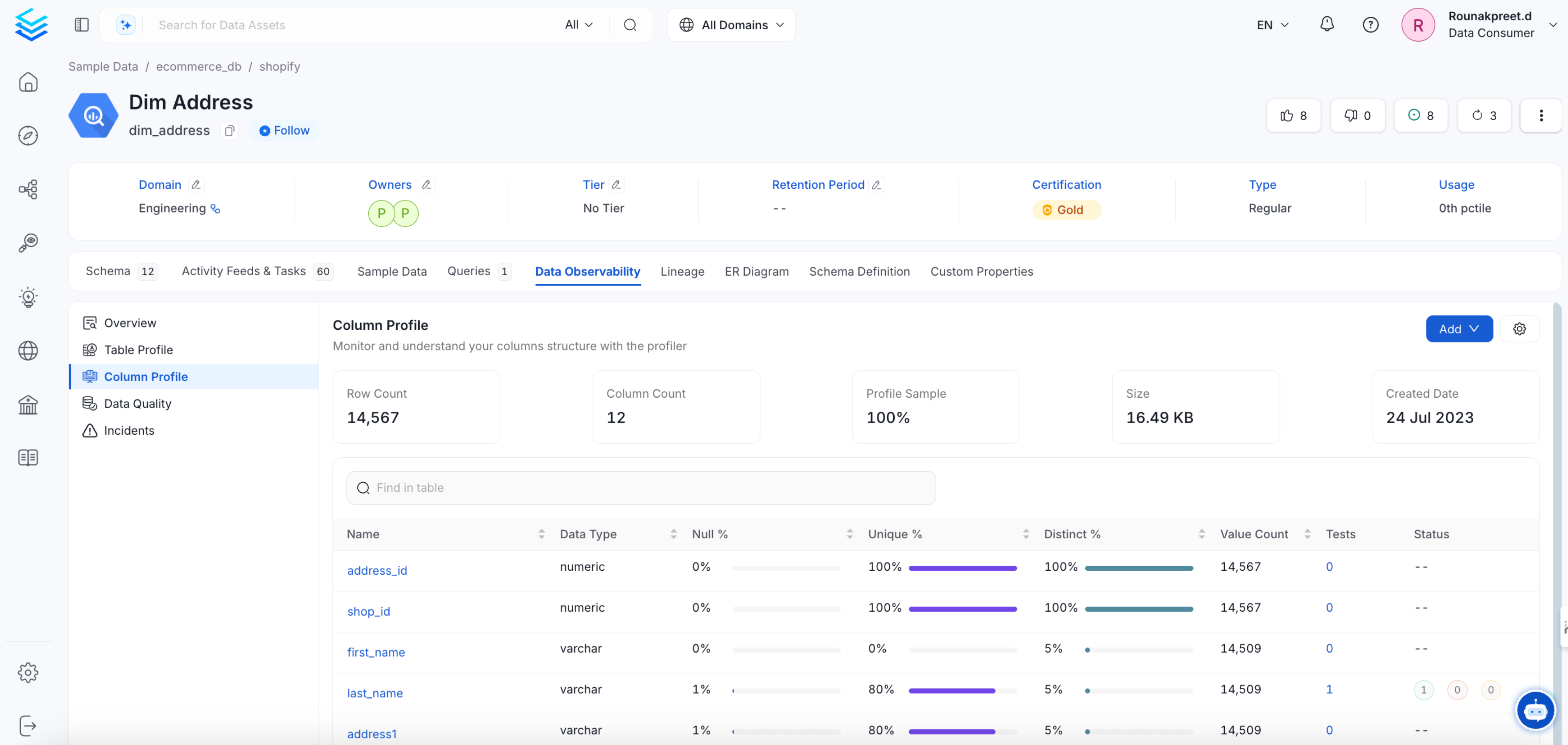 Column Profile of a Table